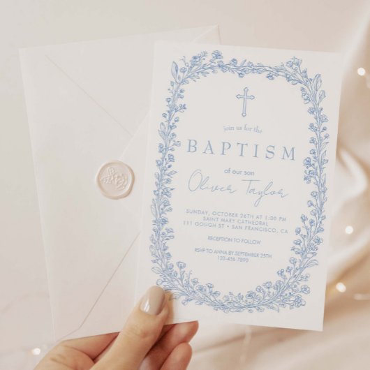 Vintage Floral Toile Light Blue Baptism Kaart