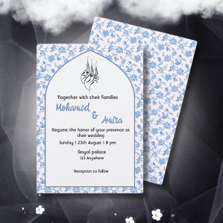 Vintage Floral Wedding Invitation in White and Blu Kaart