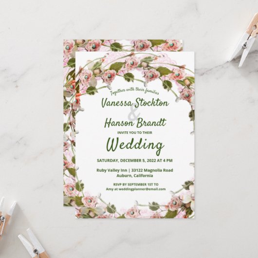 Vintage Floral Wreath Wedding Kaart (Voorkant / Achterkant in situ)