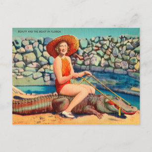 Vintage Florida Alligator en Woman Travel Briefkaart