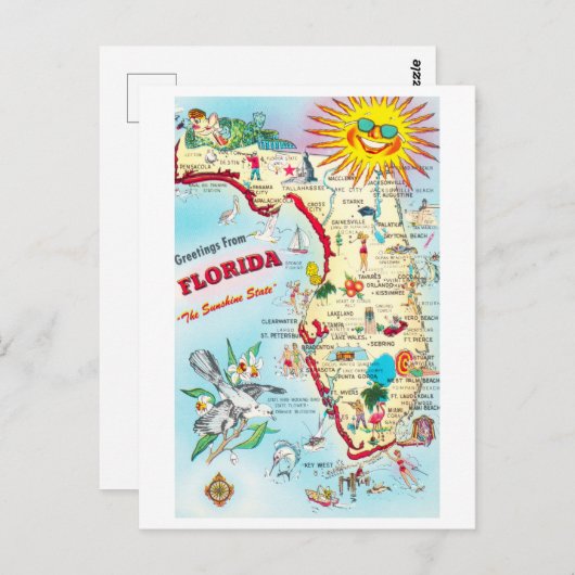 Vintage Florida Map Briefkaart (Voorkant / Achterkant)