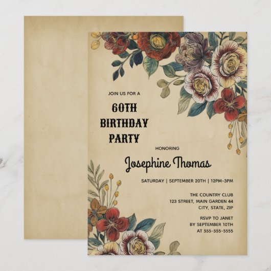 Vintage Flower Birthday Kaart (Voorkant / Achterkant)