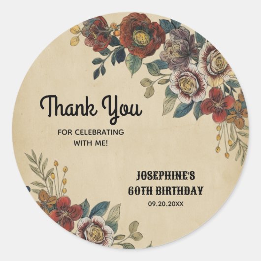 Vintage Flower Birthday Thank You Ronde Sticker (Voorkant)