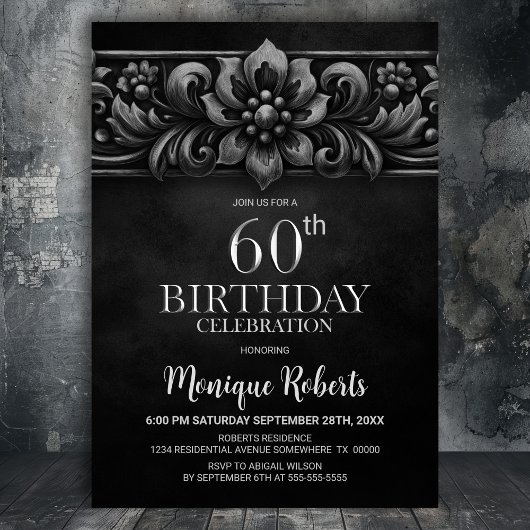 Vintage Flower Black 60th Birthday Party Kaart