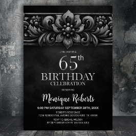Vintage Flower Black 65th Birthday Party Kaart