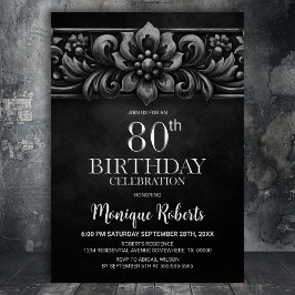Vintage Flower Black 80th Birthday Party Kaart