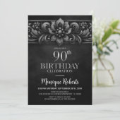 Vintage Flower Black 90th Birthday Party Kaart (Staand voorkant)