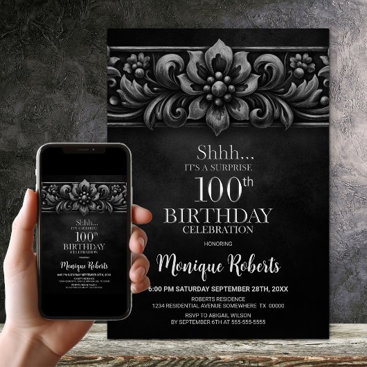 Vintage Flower Black Surprise 100th Birthday Party Kaart