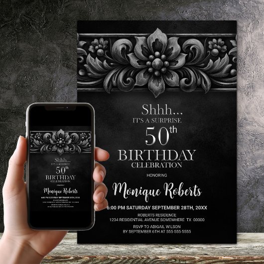 Vintage Flower Black Surprise 50th Birthday Party Kaart