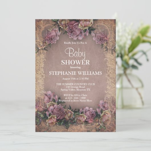 Vintage Flower Framed Baby Shower Kaart (Staand voorkant)