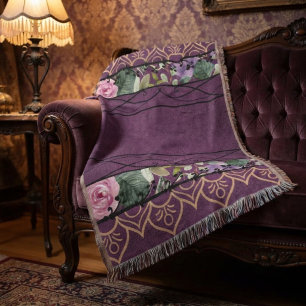 Vintage Fluwelen Victoriaanse Paarse Bloem Tapijt Deken
