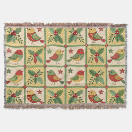 Vintage Folk Art Christmas Birds & Holly Berry Deken