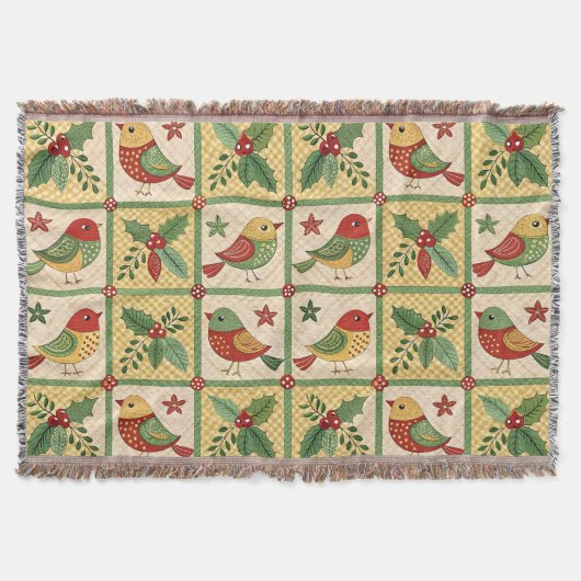 Vintage Folk Art Christmas Birds & Holly Berry Deken (Voorkant)