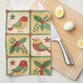 Vintage Folk Art Christmas Birds & Holly Berry Theedoek (Quarter Fold)