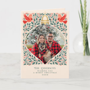 Vintage Folk Art Kardinaal Kerstgroen Foto Feestdagen Kaart