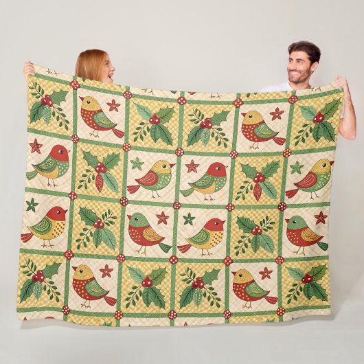 Vintage Folk Art Kerstvogels & Hulstbes Fleece Dek (In situ)