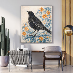 Vintage Folk Art Vogelprint, Cottagecore Dier Poster