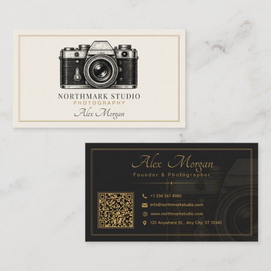 Vintage Fotograaf | Luxe Gouden Camera QR Code  Visitekaartje (Voorkant / Achterkant)