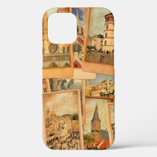 Vintage fotokaarten collage. Europees, Midden-Oost iPhone 12 Hoesje