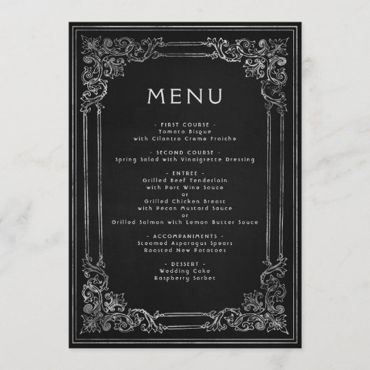 Vintage Frame Black Silver Wedding Menu (Voorkant)