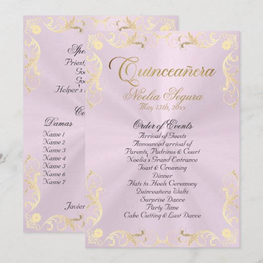 Vintage Frame Quinceanera Program - Pink/Gold Programmakaart (Voorkant / Achterkant)
