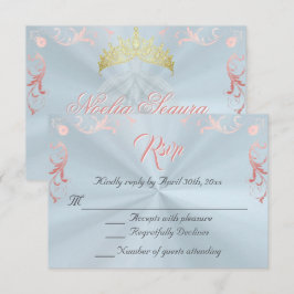 Vintage Frame Quinceanera RSVP - Blue/Rose Gold Kaartje