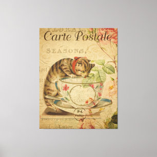 Vintage Frans Briefkaart Cat en Tea Cup Canvas Afdruk