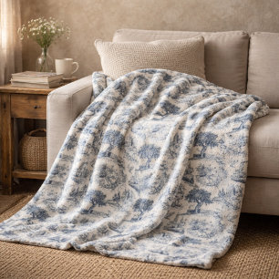 Vintage Frans landelijk "Blauw Toile de Jouy" Fleece Deken