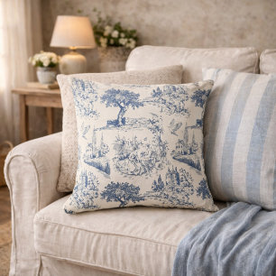 Vintage Frans landelijk "Blauw Toile de Jouy" Kussen