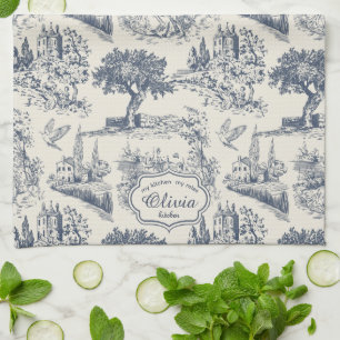 Vintage Frans landelijk "Blauw Toile de Jouy" Theedoek