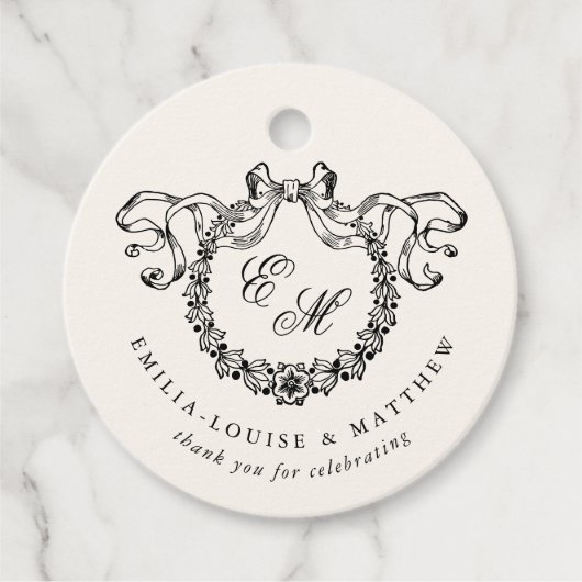 Vintage Frans Monogram Krans Elegante Trouwfeest Bedankjes Labels (Voorkant)