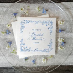 Vintage Franse Blauwe en Witte Krans Bruidsdouche Servet