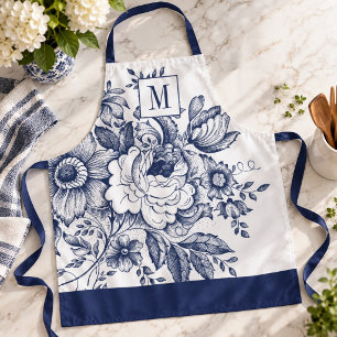 Vintage Franse boerderij pioenmonogram donkerblauw Schort