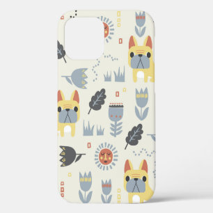 vintage Franse bulldog en Scandinavische bloem ill iPhone 12 Hoesje