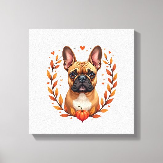 Vintage Franse Bulldog met Herfstbladkrans en Canvas Afdruk (Voorkant)