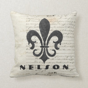 Vintage Franse Ephemera Fleur DE Lis Custom Naam Kussen