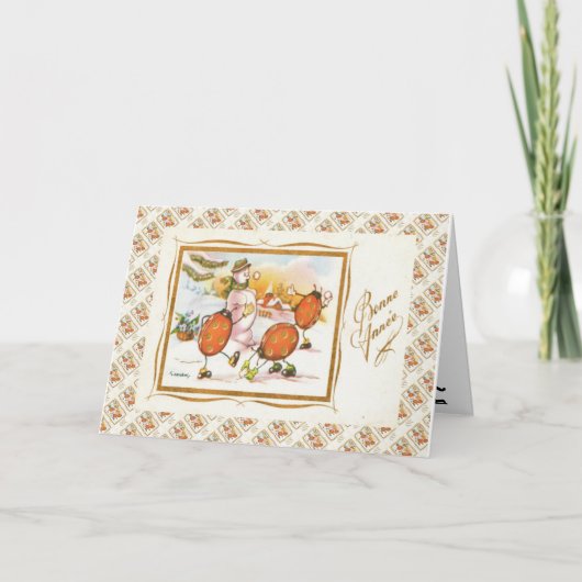 Vintage Franse Kerstmis, Sneeuwman en de Feestdagen Kaart (Voorkant)