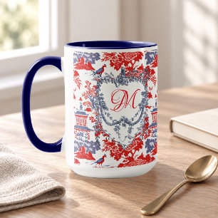 Vintage Franse Rood Blauwe Chinoiserie Delft Monog Mok