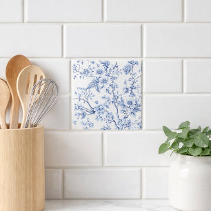 Vintage Franse Toile Bloemmotief Blauw Tegeltje