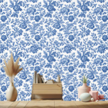 Vintage Franse Toile Botanische Blauwe Bloemmotiev