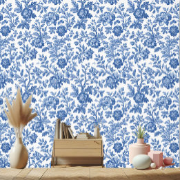 Vintage Franse Toile Botanische Blauwe Bloemmotiev Behang