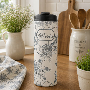Vintage Franse Toile Botanische Vogel Landelijk Thermosbeker