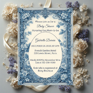 Vintage Franse Toile Zachtblauwe Baby Shower Bloem Kaart