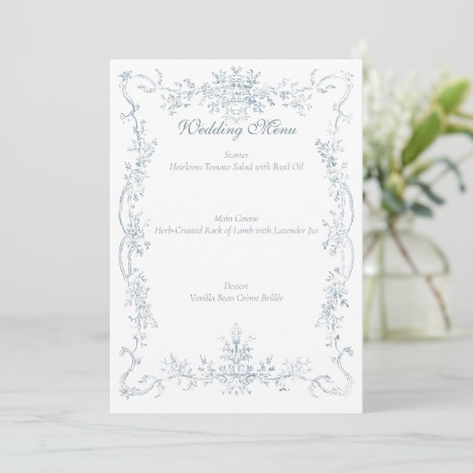 Vintage French Blue Wedding Frame Menu (Staand voorkant)