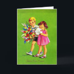Vintage French - Bonne Fete Mama, Kaart<br><div class="desc">French birthday card image for Mother. The card features a young boy and girl wishing their mother a happy birthday. The boy carries a big bouquet of flowers and the girl is sealing the envelope of a birthday message. Het front of the card is says in French "Bonne Fete Mama"...</div>