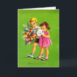 Vintage French - Bonne Fete Mama, Kaart<br><div class="desc">French birthday card image for Mother. The card features a young boy and girl wishing their mother a happy birthday. The boy carries a big bouquet of flowers and the girl is sealing the envelope of a birthday message. Het front of the card is says in French "Bonne Fete Mama"...</div>