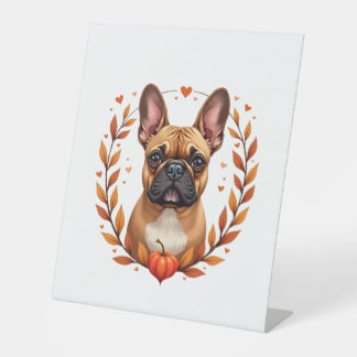Vintage French Bulldog with Autumn Leaf Wreath and Reclamebord Met Voetstuk