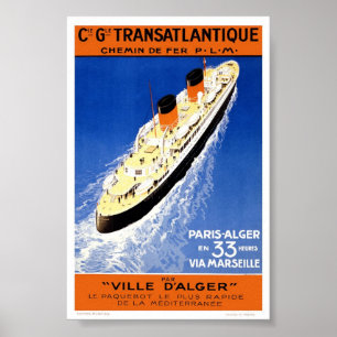 Vintage French Cruise Ship Transatlantique Travel Poster