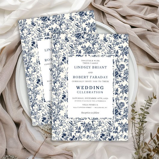 Vintage French Toile Blue Romantic Wedding Invite Kaart