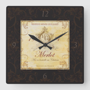 Vintage French Wine Label Wall Clock Vierkante Klok